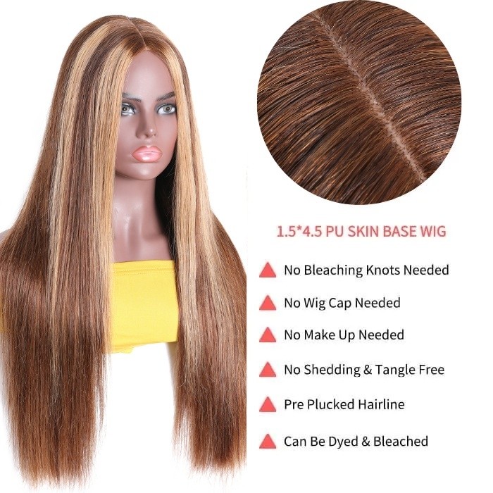 Kriyya Straight Wigs Blonde Highlight Middle Part Pu Skin Base