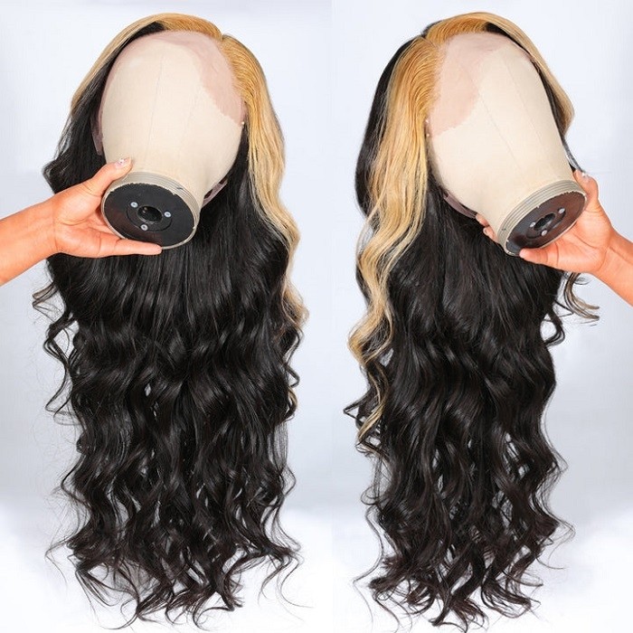Kriyya Honey Blonde Skunk Stripe Highlight Loose Wave X Lace Front