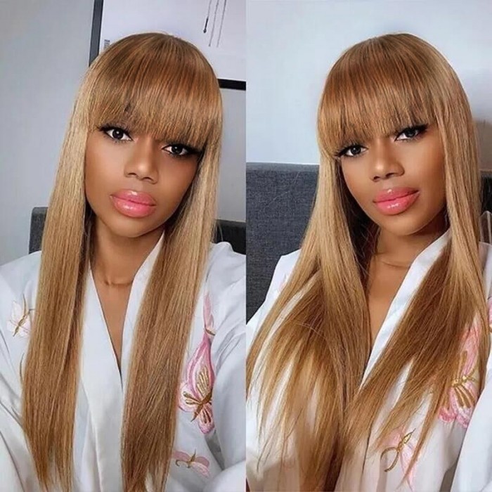 Kriyya Honey Blonde Wig with Choppy Bangs Dark Root Glueless 13X4 Lace Front Long Wigs 24 Inch