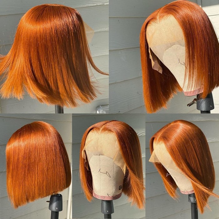 Kriyya Blunt Cut Bob 13x4 Lace Frontal Wig Rich Copper Melt With Brown Colored Straight Human Hair
