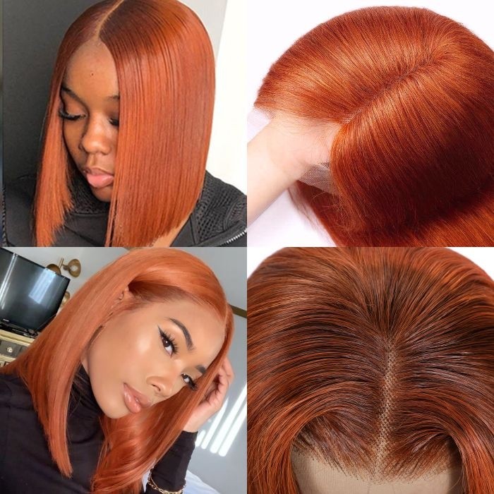 Kriyya Blunt Cut Bob 13x4 Lace Frontal Wig Rich Copper Melt With Brown Colored Straight Human Hair