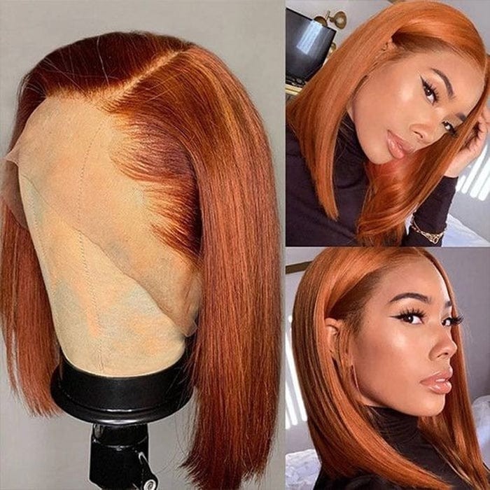 Kriyya Blunt Cut Bob 13x4 Lace Frontal Wig Rich Copper Melt With Brown Colored Straight Human Hair