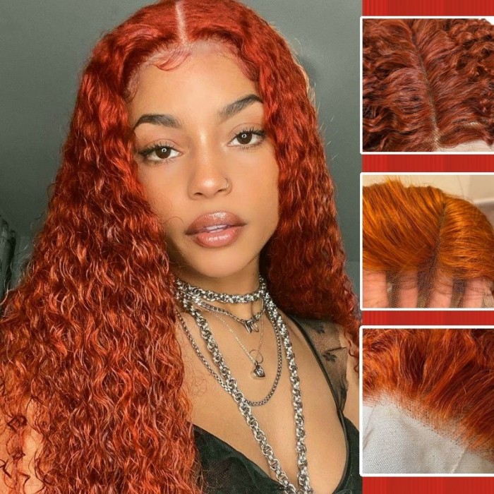 Kriyya Chic Auburn Color Middle T Part Curly Lace Front Wig with Natural Hairline