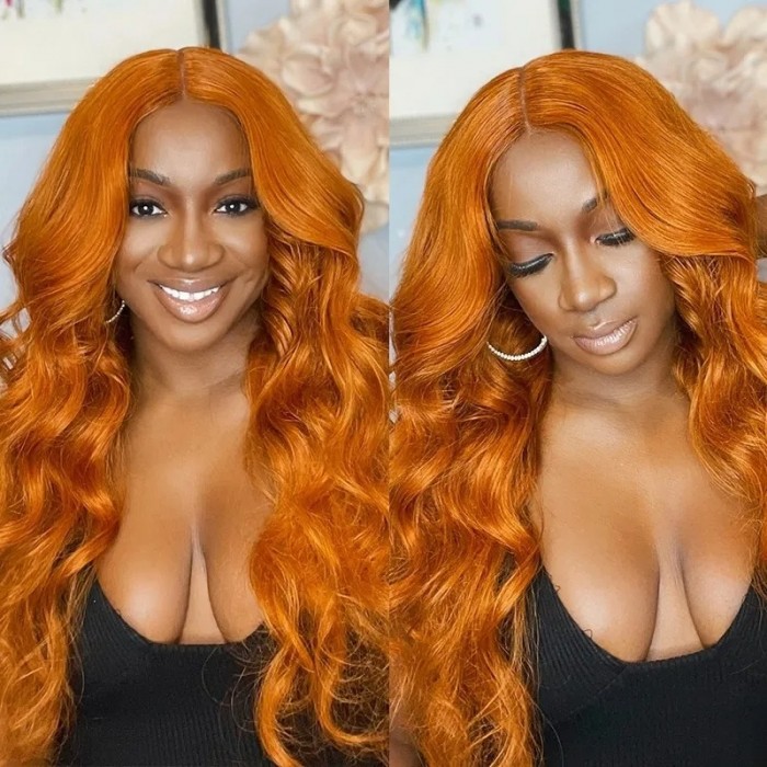 Kriyya Ginger Color Body Wave Human Hair Wigs Middle Lace Part Wigs For Sale