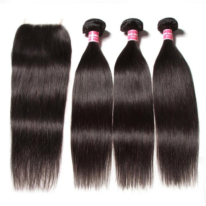 Kriyya Indian Unprocessed Human Hair Straight 3 Bundles With 4*4 Transparent Lace Closure