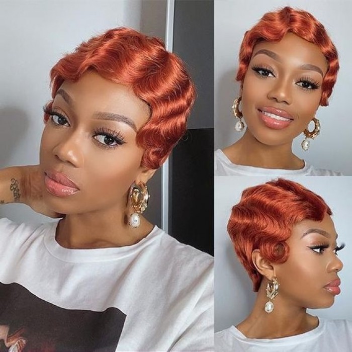 Kriyya Ginger Color Finger Wave Bob Wig Pixie Cut Classic Short Wig 150% Density