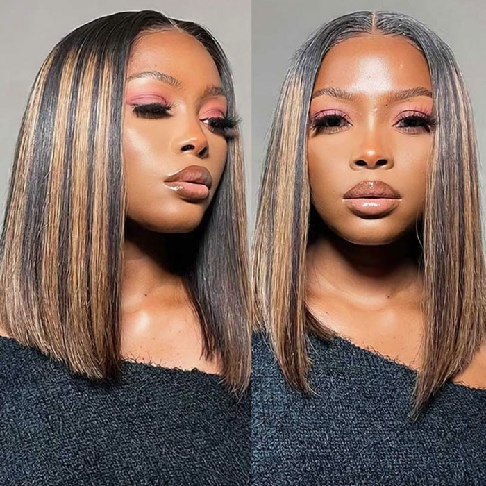 Kriyya Straight Highlight Human Hair Bob Wigs Middle Part Piano Color Lace Front Short Wigs For Autumn