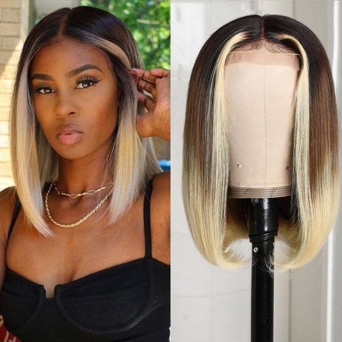 Kriyya Ombre Colored Bob Wigs with Face Freaming Streaks Lace Part Highlight Human Hair Wig With Dark Root 150% Density