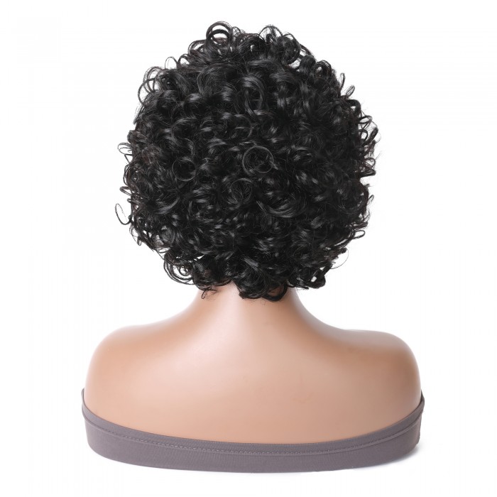 Kriyya Bouncy Curly Short Pixie Cut Wig With Bangs Fluffy Curls Human Hair Machine Made Wigs