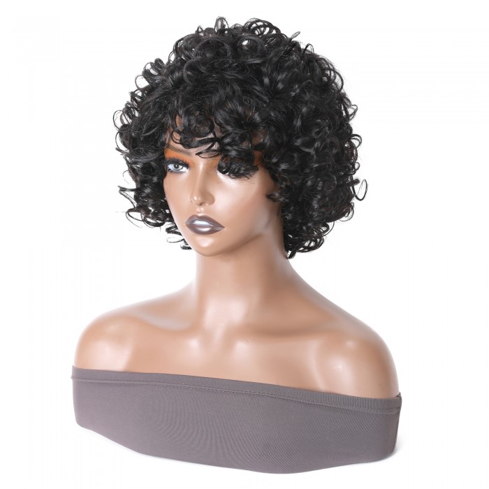 Kriyya Bouncy Curly Short Pixie Cut Wig With Bangs Fluffy Curls Human Hair Machine Made Wigs