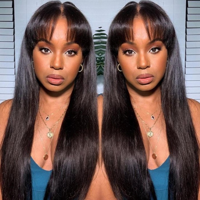 Kriyya 13x4 Transparent Lace Straight Human Hair Wigs With Bangs 130% 150% Density