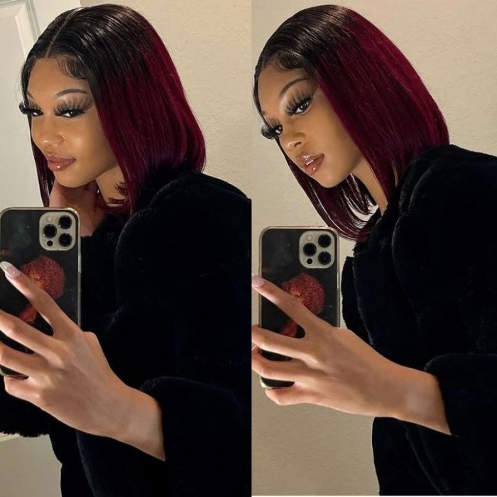 Kriyya 1B/99J Burgundy Ombre 4x4 Lace Closure Wig Straight Human Hair Bob Hair Wigs with Baby Hair 150% Density