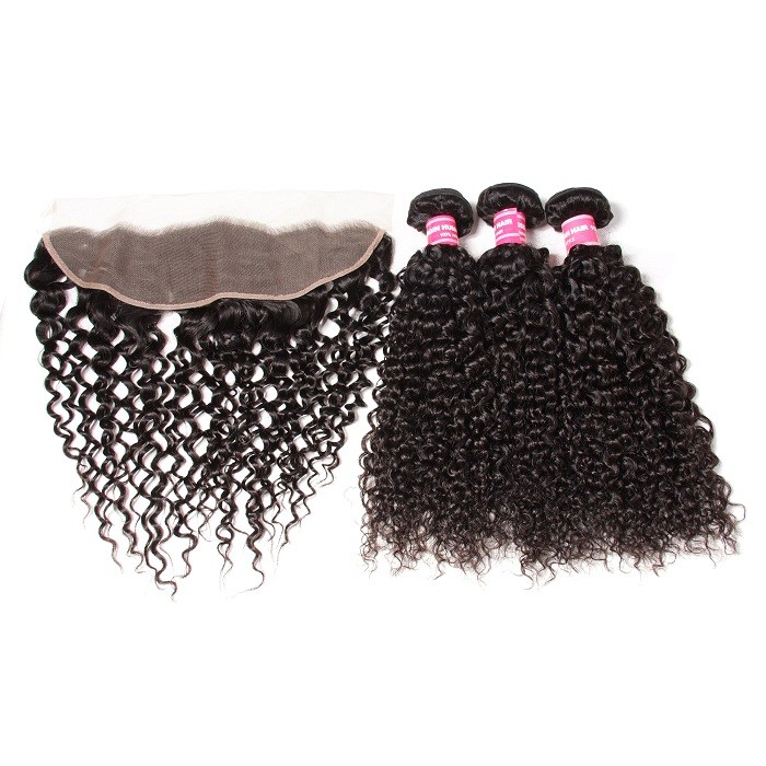 Kriyya 3 Bundles Jerry Curly Unprocessed Virgin Hair With 13*4 Lace Frontal