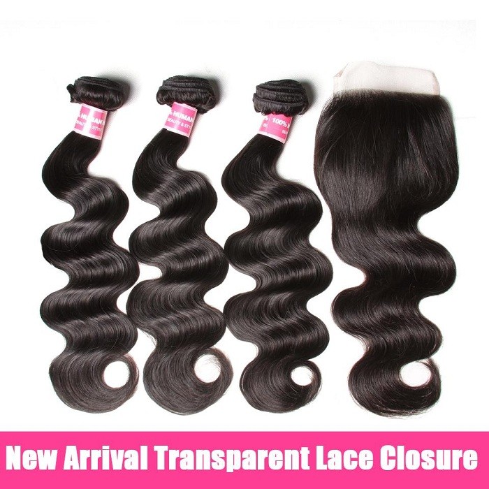 Kriyya 3 Bundles Body Wave Unprocessed Virgin Hair With 4*4 Transparent Lace Closure