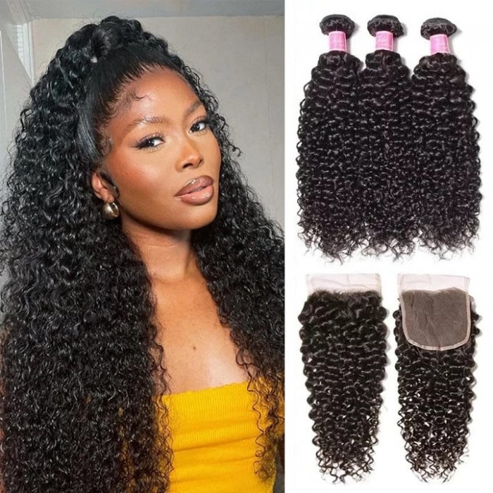 Kriyya Brazilian Curly Hair Weave 3 Bundles Deals With Closure 4X4 Inch Natural Color
