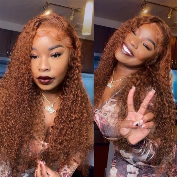 Kriyya Caramel Ginger Color Jerry Curly Wigs High Quality Lace Part Lace Front Wigs Human Hair Wigs Pre Plucked