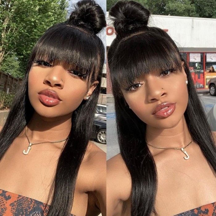 Kriyya 13x4 Transparent Lace Straight Human Hair Wigs With Bangs 130% 150% Density