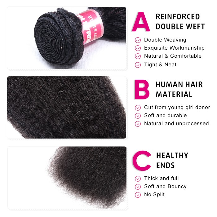 Kriyya Kinky Straight Hair 3 Bundles Malaysian 100% Real Human Hair Weave 