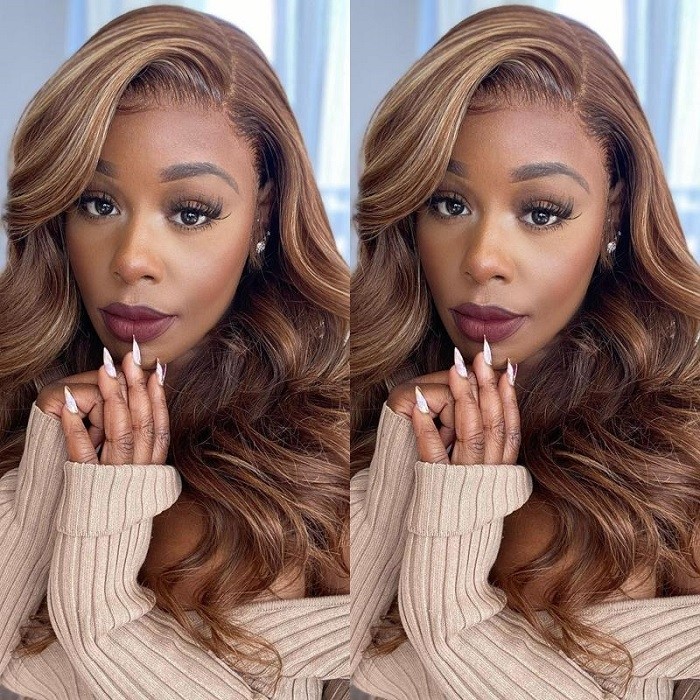 Kriyya 13X4 Honey Blonde Highlight Lace Front Wigs Human Hair Body Wave Colored Wigs Favorable Price