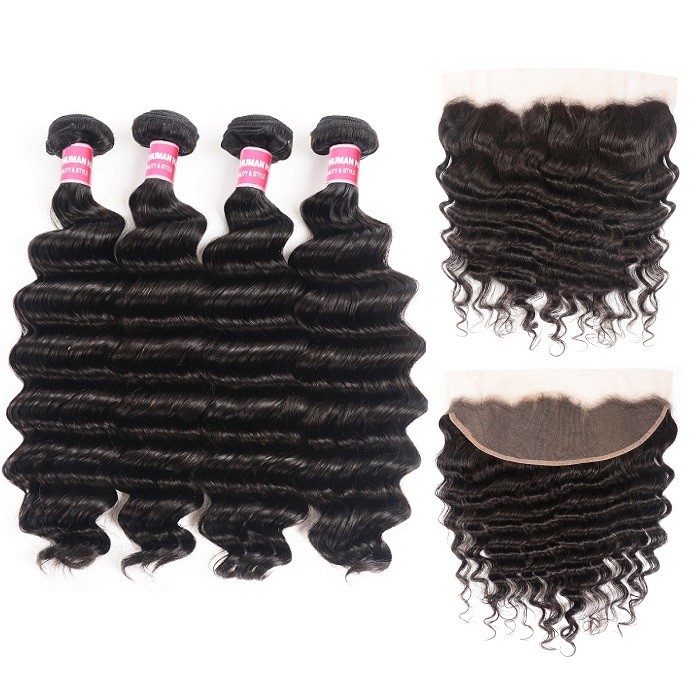 Kriyya Loose Deep Wave Weave 4 Bundles With 13x4 Lace Frontal Indian Remy Human Hair 