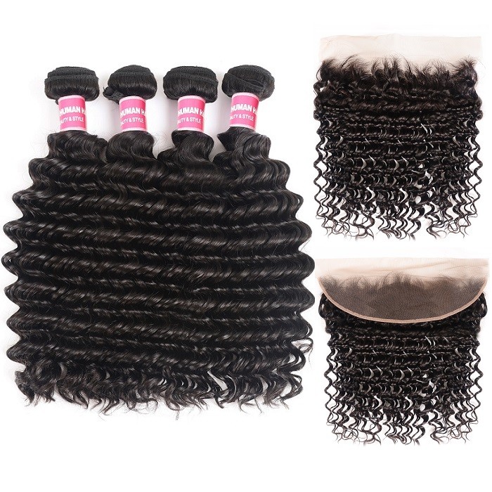 Kriyya Malaysian Deep Wave Virgin Hair 13x4 Pre Plucked Lace Frontal With 4 Bundles