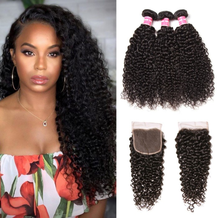 Kriyya Brazilian Curly Hair Weave 3 Bundles Deals With Closure 4X4 Inch Natural Color