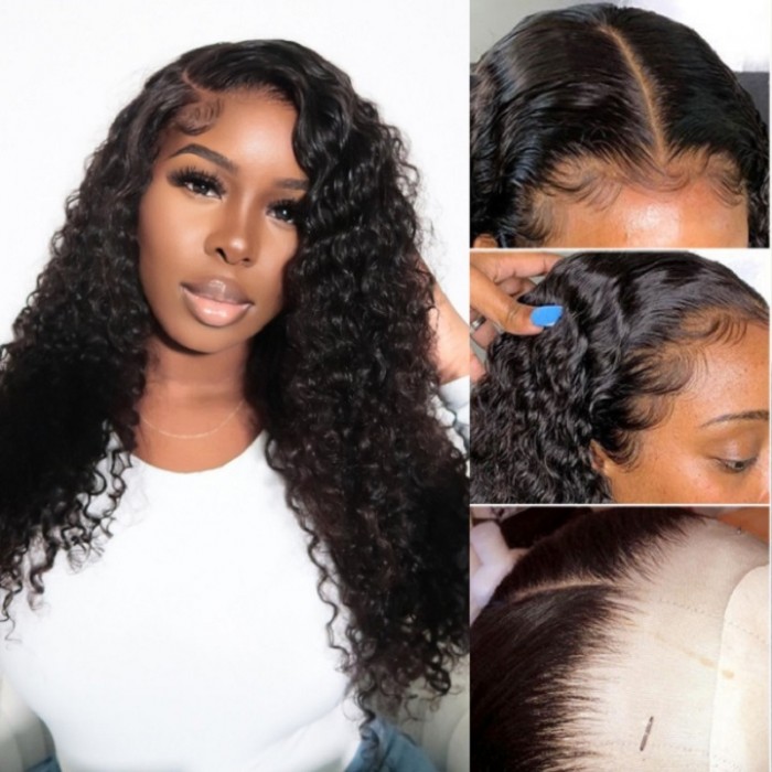 Kriyya 16 Inch Curly 4x4 Lace Closure Wigs 100% Remy Human Hair Wig Pre Plucked 150% Density 