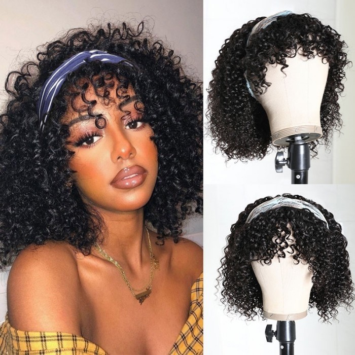 Clearance Sale-Kriyya Remy Jerry Curly Headband Bob Wig 150% Density Natural Color
