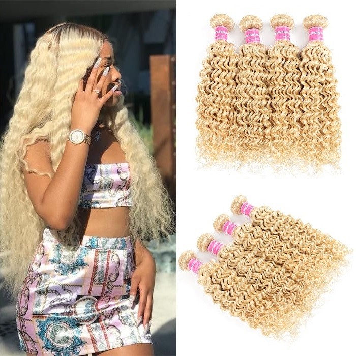 Kriyya Deep Wave Hair 613 Blonde Hair 4 Bundles Peruvian Human Hair