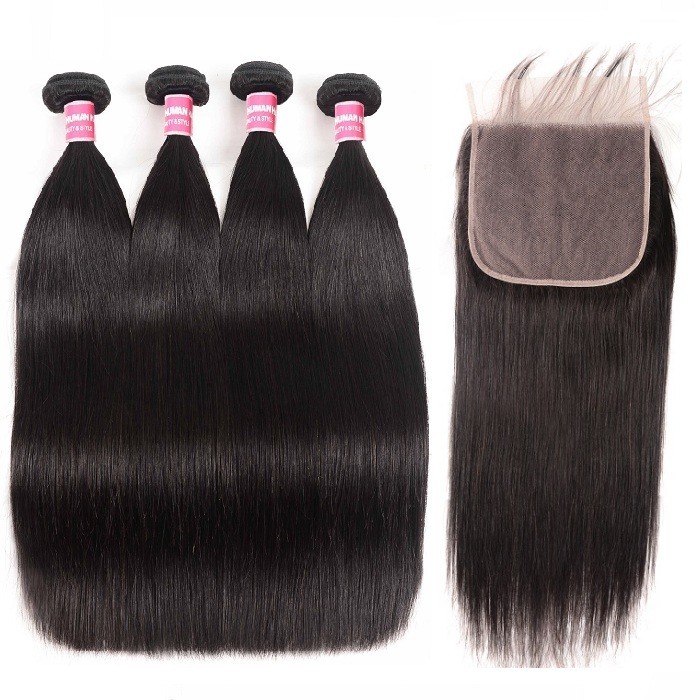 Kriyya Peruvian Straight 4 Bundles With 7x7 Lace Closure Sew In