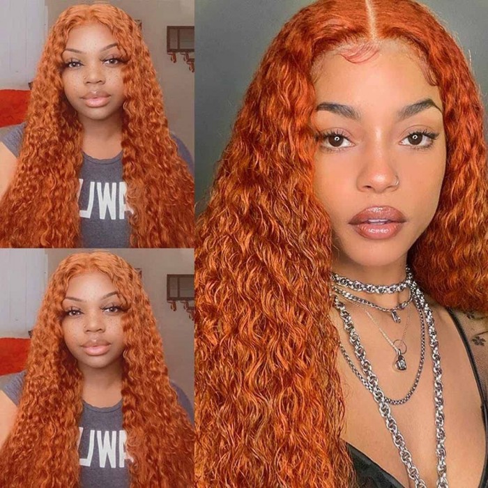 Kriyya Ginger Color Jerry Curly Human Hair Wigs Middle Lace Part Wigs At A Favorable Price
