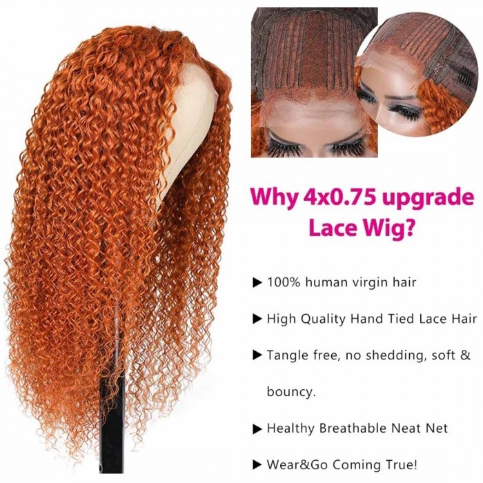 Kriyya Ginger Color Jerry Curly Human Hair Wigs Middle Lace Part Wigs At A Favorable Price