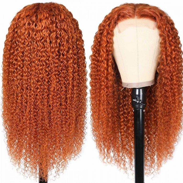 Kriyya Ginger Color Jerry Curly Human Hair Wigs Middle Lace Part Wigs At A Favorable Price