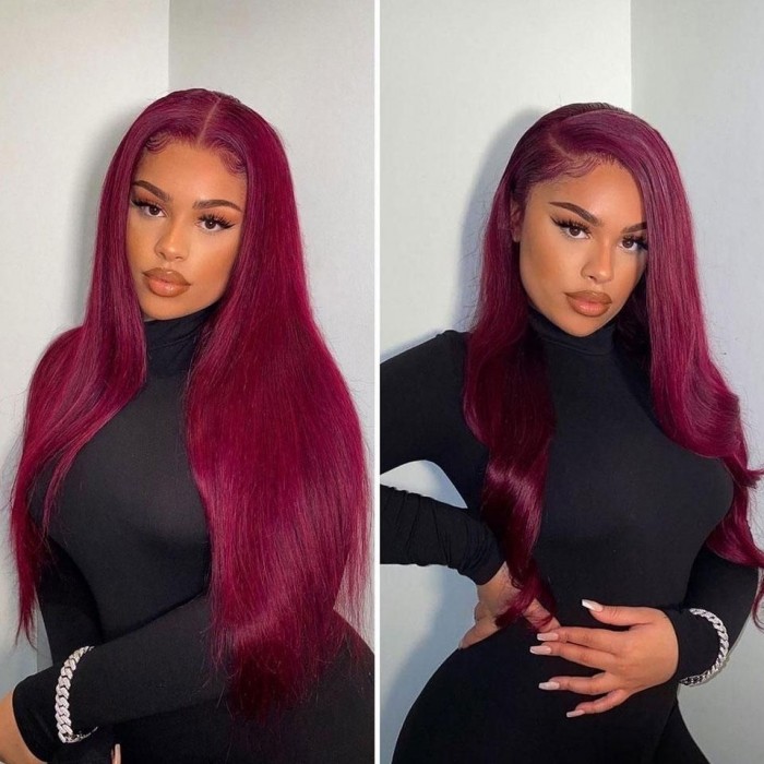 Kriyya 99J Burgundy Lace Front Wig Straight 13x4 Human Hair Wig Pre Plucked With Baby Hair