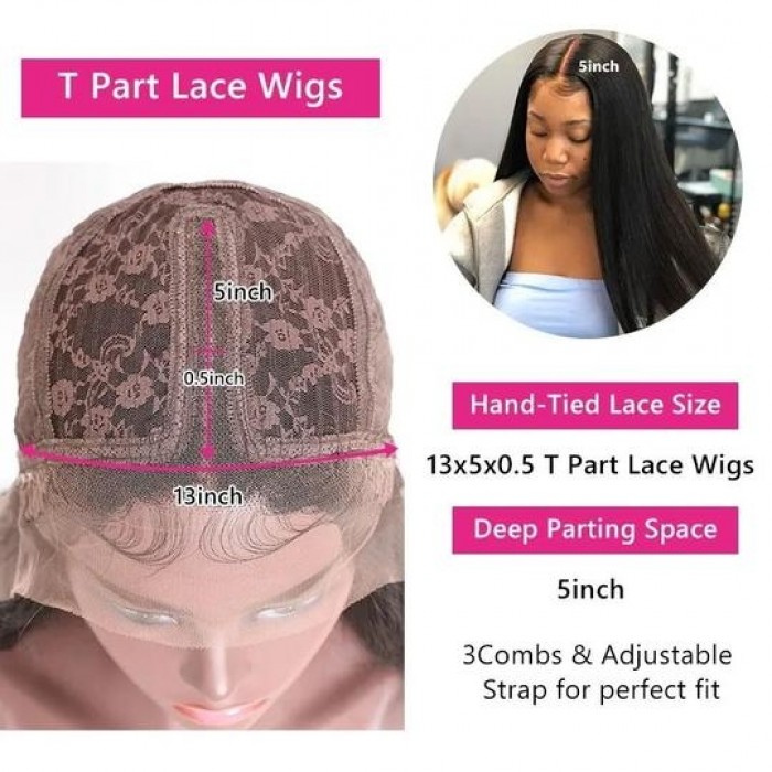 Kriyya Virgin Human Hair Pre Plucked T Part Lace Wig Middle Part Straight Hair 150% Density