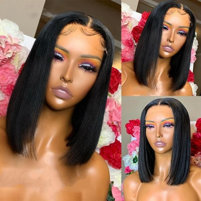 Kriyya Straight Short Human Hair Wigs 13x4 150% Density Blunt Cut Bob Lace Front Wig Remy Wig