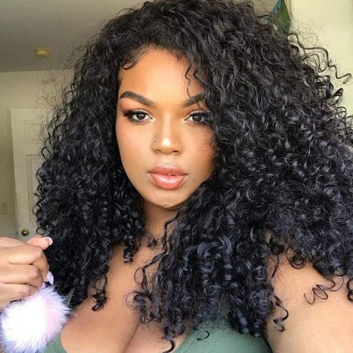 Kriyya Latin Passion Brazilian Virgin Human Hair Wig With Slanted Bangs Ebony Black Wig No Glue Needed