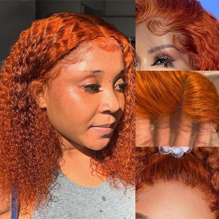 Kriyya Trendy Honey Orange Colored Water Wave Virgin Hair Wig 13x5 T-Part Middle Lace Pre-Plucked Hairline
