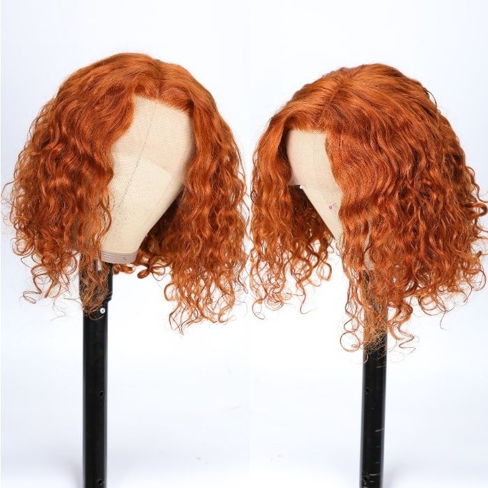 Kriyya Trendy Honey Orange Colored Water Wave Virgin Hair Wig 13x5 T-Part Middle Lace Pre-Plucked Hairline