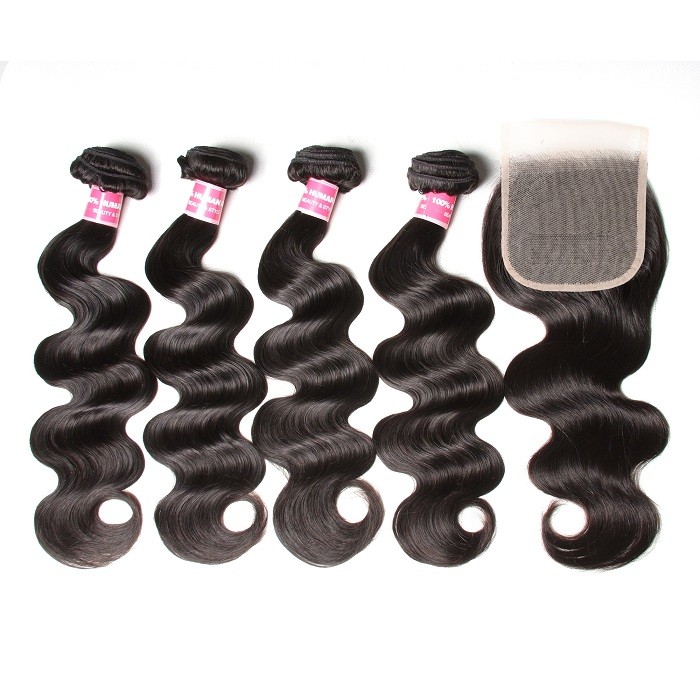Kriyya Pre Plucked  4x4 Transparent Lace Closure Sew In With 4 Bundles Malaysian Body Wave 