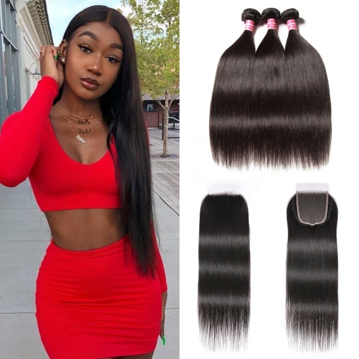 Kriyya Brazilian Straight Hair Weave 3 Bundles With 5x5 HD Transparent Lace Closure