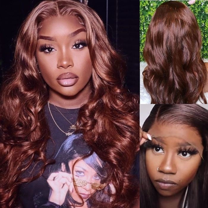 Kriyya Strawberry Brunette Human Hair Body Wave Wig 13x4 Lace Front With Baby Hair 150% Density