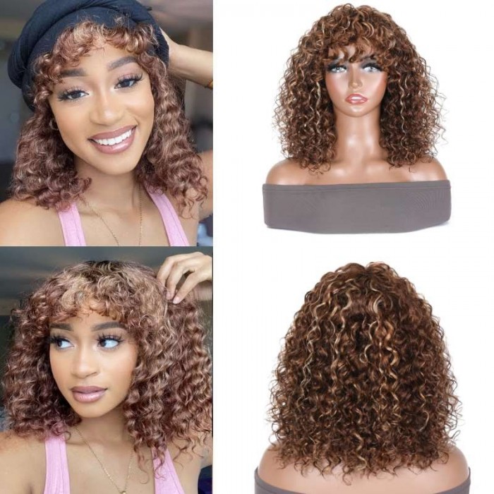 Kriyya Highlight Brown Deep Curly Wig Machine Made Human Hair Colored Wigs With Bangs
