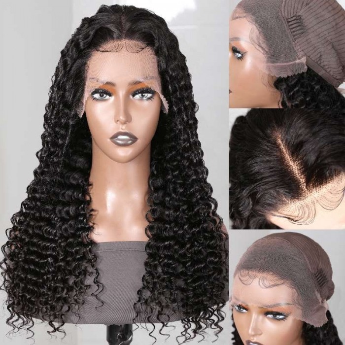 Kriyya Tight Deep Wave Human Hair Wig With Pre Plucked Natural Hairline 13x4 Lace Front Wig 150% Density