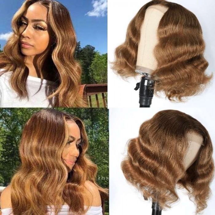 Kriyya Ombre Honey Brown Loose Deep Wave Human Hair Wig With Shadow Root Short 4x4 Lace Closure Wig 150% Density