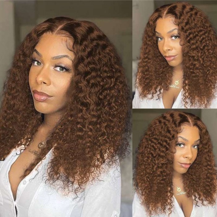 Kriyya New 4X4 Lace Part Curly Wig #4 Medium Brown Color 100% Human Hair Wig