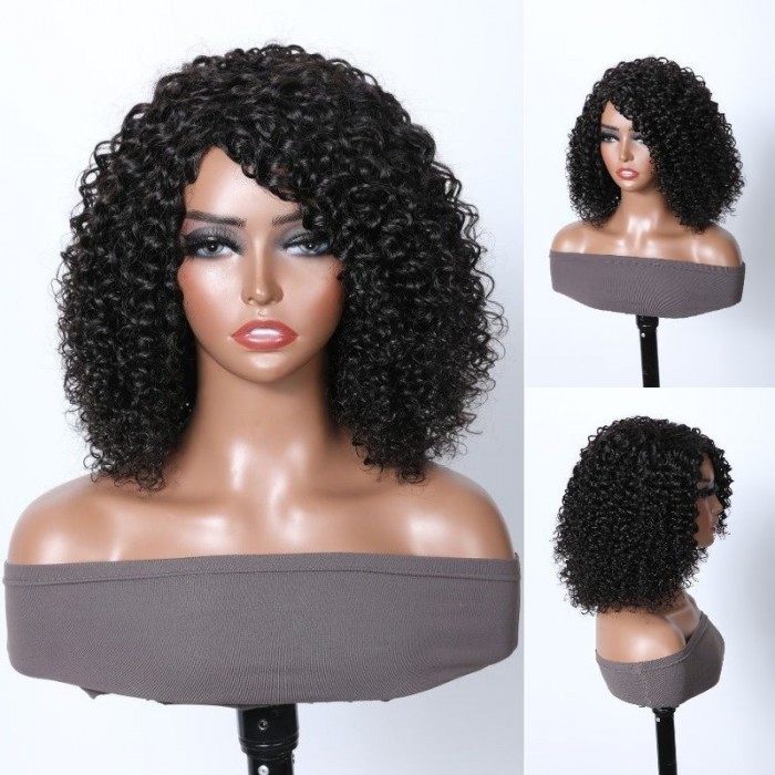 Kriyya Latin Passion Brazilian Virgin Human Hair Wig With Slanted Bangs Ebony Black Wig No Glue Needed