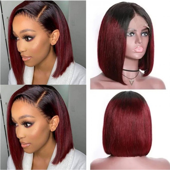 Kriyya Ombre 99J 13x4 Bob Wig Burgundy Lace Front Wig Straight Human Hair Wigs 150% Density