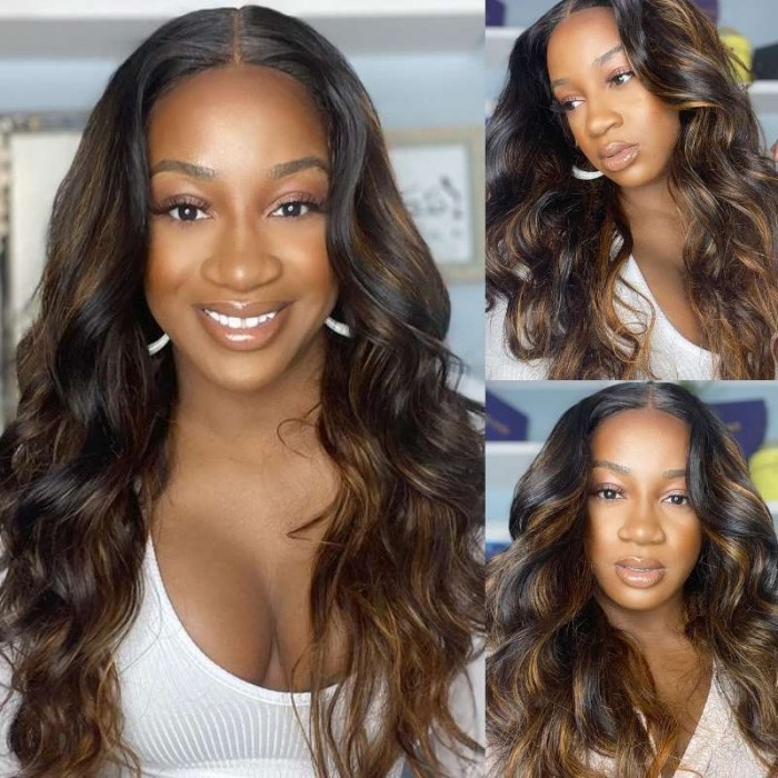 Kriyya Bronde Highlight Virgin Hair T Part Lace Wig Balayage Body Wave Lace Wigs