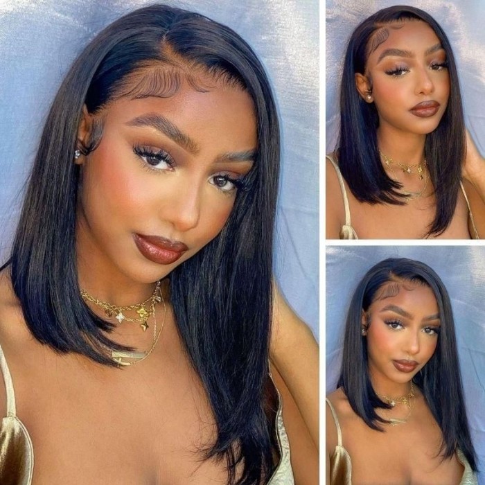 Kriyya Human Hair Bob Wigs With Side Part Short Blunt Cut  Lace Front Wig Asymmetric Bob Wigs